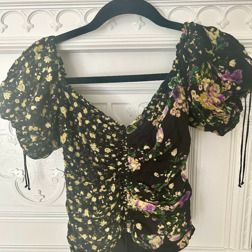 For Love And Lemons Black Floral Puff Sleeve Shirt